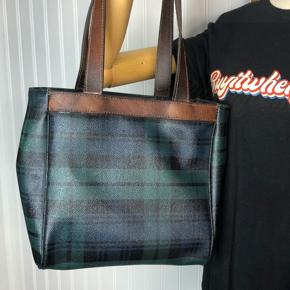 RALPH LAUREN Black Watch Plaid Coated Canvas and Leather Tote Shoulder Bag - Picture 6 of 17